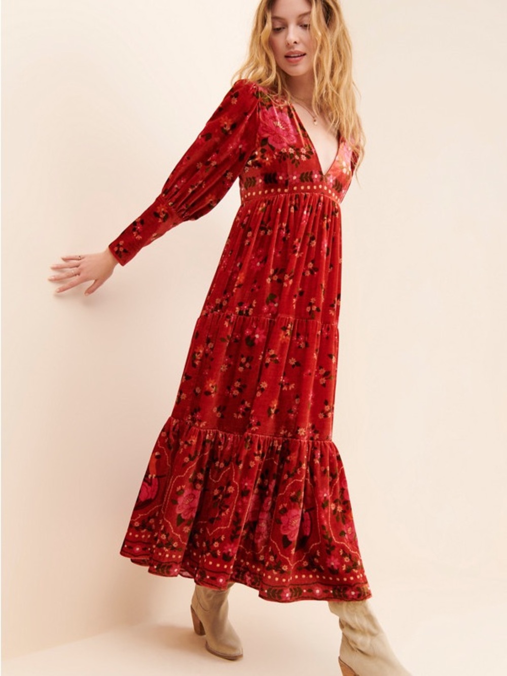 Farm Rio Velvet Red Floral V-Neck Maxi Dress